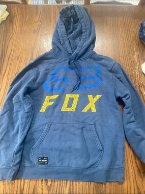 Fox Racing faded Navy Blue Hoodie with Yellow & Blue Logo